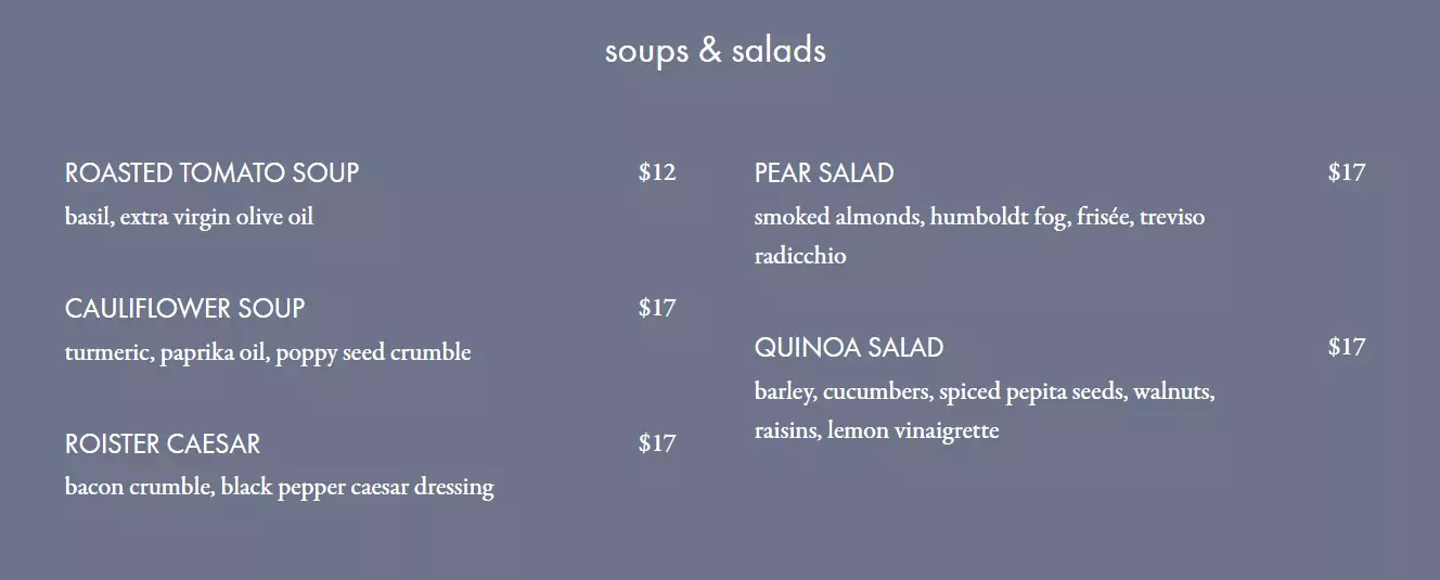 Menu Roister Restaurant Menu Roister Restaurant